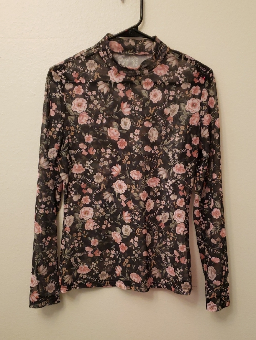 SHEIN Black Floral Mesh Long-Sleeve Tee
